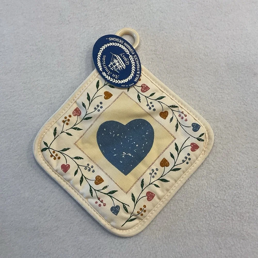 Yale & Frances Forman Designs Linen Kitchen Towel Potholder Blue Pink Hearts VTG